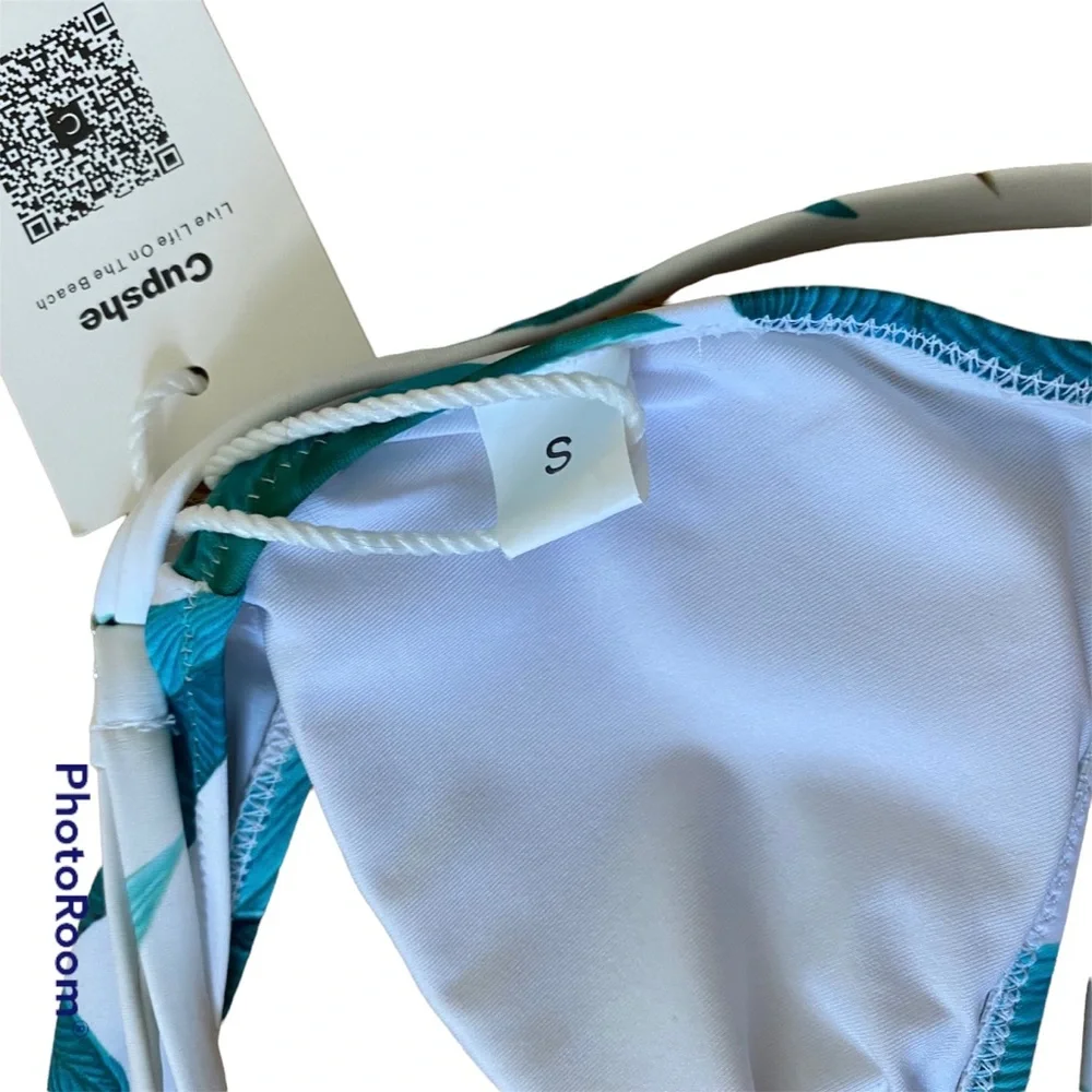 CUPSHE Fresh Leaves 2 Piece Bikini Wrap‎ Top White Green SMALL - Picture 12 of 12